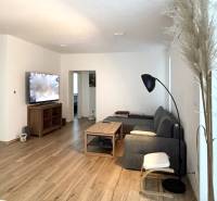 Wohnzimmer in einer 3-Zimmer-Wohnung mit Holzboden und grauem Sofa.