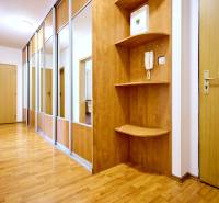 Flur in einer 2-Zimmer-Wohnung mit Holzboden und Einbauschränken.