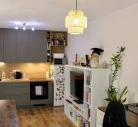 Zweizimmerwohnung mit Küche, Wohnzimmermöbel, Computertisch und Boden mit Holzdekor.