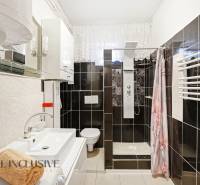 Badezimmer mit Dusche, Waschbecken und Spiegel in einem Einfamilienhaus.