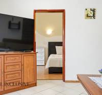 Innenraum eines Einfamilienhauses mit großem Fernseher, offene Tür zum Schlafzimmer, Dekorationen.