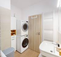 Badezimmer in einer 3-Zimmer-Wohnung mit Waschmaschine, Trockner und Duschvorhang.