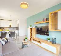 Wohnzimmer in einer 3-Zimmer-Wohnung mit Küche, Sofa und Holzboden.