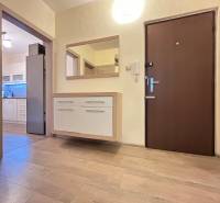 Der Flur einer 2-Zimmer-Wohnung mit Holzboden und Blick in die Küche.