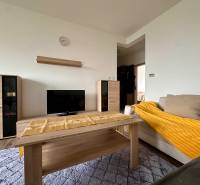 Wohnzimmer einer 3-Zimmer-Wohnung mit Holzboden, Sofa und TV-Tisch.