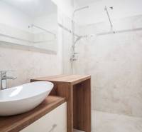 Badezimmer mit Waschbecken und Holzelementen, Einfamilienhaus.