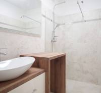 Badezimmer in einem Einfamilienhaus mit einem Waschbecken auf Holzdekor und einer Duschkabine.