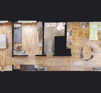 Grundriss einer 3-Zimmer-Wohnung mit Holzboden, Küche und Wohnzimmer.