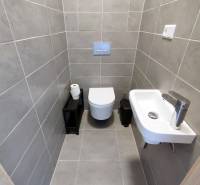 Badezimmer mit Wandtoilette, Waschbecken und grauen Fliesen in einer 3-Zimmer-Wohnung.