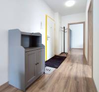 Flur mit Garderobe und Schrank, ergänzt durch einen Boden mit Holzdekor in einer 3-Zimmer-Wohnung.