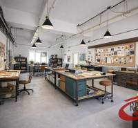 Priestranná kancelária s pracovnými stolmi, nástenkami a rastlinami na svetlej podlahe.