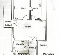 Grundriss einer 3-Zimmer-Wohnung mit Loggia, Balkon, Küche und Speisekammer.
