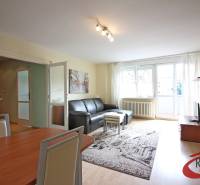 Wohnzimmer in einer 3-Zimmer-Wohnung mit Holzboden und schwarzem Sofa.