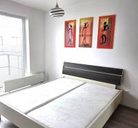 Schlafzimmer mit Doppelbett, Lampe und Bildern in einer Einzimmerwohnung.