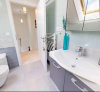 Badezimmer im Einfamilienhaus mit Toilette, Waschbecken und Fliesen.