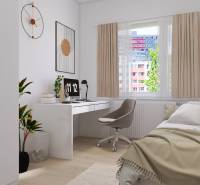 Gemütliches Zimmer in einer 3-Zimmer-Wohnung mit Schreibtisch und Einzelbett, Holzboden mit Holzdekor.