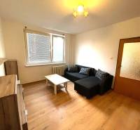 Wohnzimmer in einer Einzimmerwohnung mit einem Sofa und einem Boden in Holzoptik.