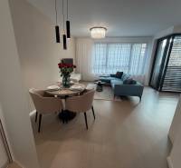 Innenraum einer 2-Zimmer-Wohnung mit Holzboden, Esstisch und Balkon.