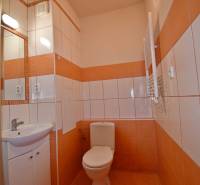 Badezimmer mit Waschbecken und WC in einem Einzimmerapartment, orange-weiße Fliesen.