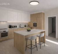 Küche in einem Einfamilienhaus mit Insel und Boden in Holzoptik.