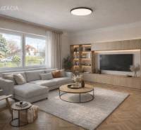 Wohnzimmer in einem Einfamilienhaus mit einer bequemen Sitzgarnitur und einem Boden in Holzoptik.