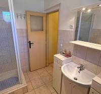 Badezimmer in einem Einfamilienhaus mit Waschbecken, Duschkabine und Fliesen.