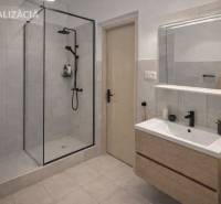 Badezimmer in einem Einfamilienhaus mit moderner Duschkabine und Waschbecken mit Stauraum.