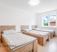 Drei Betten im Zimmer mit Holzboden und großem Fenster.