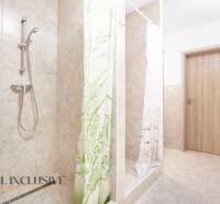 Badezimmer mit Keramikfliesen, Duschkabine und Holztüren.