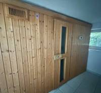 Holzwand mit Sauna und Fliesen im Einfamilienhaus.