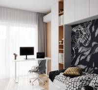 Kinderzimmer in einer Vierzimmerwohnung mit Arbeitsecke und Holzboden.