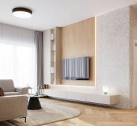 Wohnzimmer in einer 4-Zimmer-Wohnung mit Holzboden, heller Couch und einem Fernseher an der Wand.