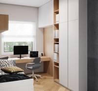 Arbeitsbereich mit weißen Möbeln in einer 4-Zimmer-Wohnung mit Holzboden.