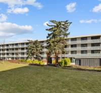 Ein Wohnhaus mit vier Stockwerken, umgeben von Rasen, Bratislava - Nové Mesto, Skalická cesta.