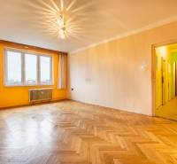 Ein geräumiges Zimmer mit Holzboden und einer orangefarbenen Wand in einer Zweizimmerwohnung.