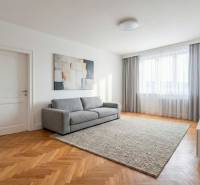 Wohnzimmer in einer 2-Zimmer-Wohnung mit einem bequemen Sofa und einem Boden in Holzoptik.
