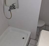 Badezimmer in einer Einzimmerwohnung mit weißen Fliesen und einer Duschkabine.