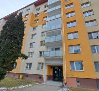 Ein siebenstöckiges Wohnhaus in der Straße Za dráhou in Ružomberok, umgeben von Bäumen.