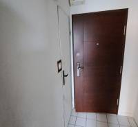 Eingangstür zu einer Einzimmerwohnung mit Fliesenboden und weißen Wänden.