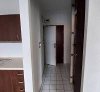 Küche mit dunklen Schränken und weißen Fliesen in einer Einzimmerwohnung.