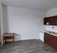 Küche in einer Einzimmerwohnung mit dunklen Schränken und einem Boden in Holzoptik.