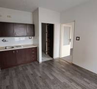 Küche mit dunklen Schränken und Holzboden in einer Einzimmerwohnung.