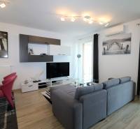 Wohnzimmer in einer 2-Zimmer-Wohnung mit Sofa, Fernseher und Boden in Holzoptik.