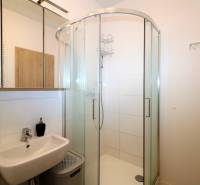 Badezimmer mit Waschbecken, Duschkabine und Spiegelschrank in einer 2-Zimmer-Wohnung.