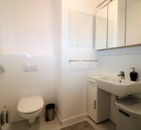 Badezimmer in einer 2-Zimmer-Wohnung mit Toilette, Waschbecken und Spiegelschrank.