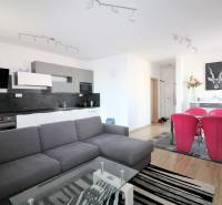 Wohnzimmer mit Küchenzeile, grauem Sofa, Glastisch und roten Stühlen.