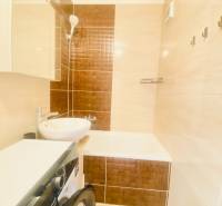 Badezimmer in einer 2-Zimmer-Wohnung mit Waschbecken, Badewanne und Waschmaschine.