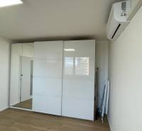 Einzimmerwohnung mit einem Spiegelschrank und einem Boden in Holzoptik.