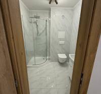 Badezimmer in einer Einzimmerwohnung mit Duschkabine und Keramikfliesen.