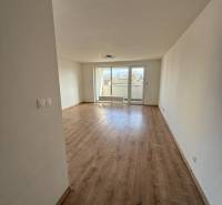 Helles Wohnzimmer mit Holzdekorboden in einer Zweizimmerwohnung.